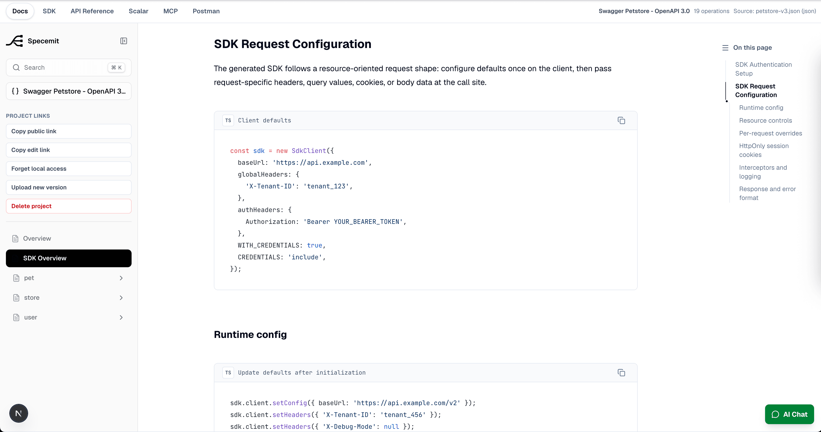 Readable documentation with SDK configuration and resource navigation
