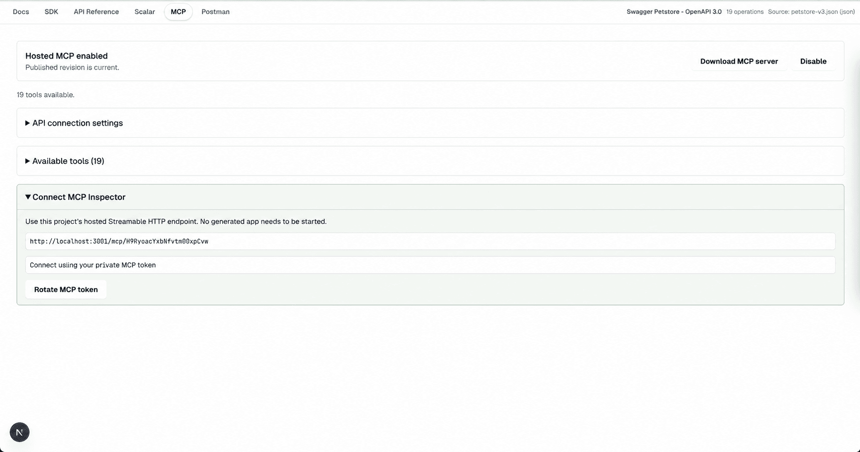 Hosted MCP server with available tools and private connection settings