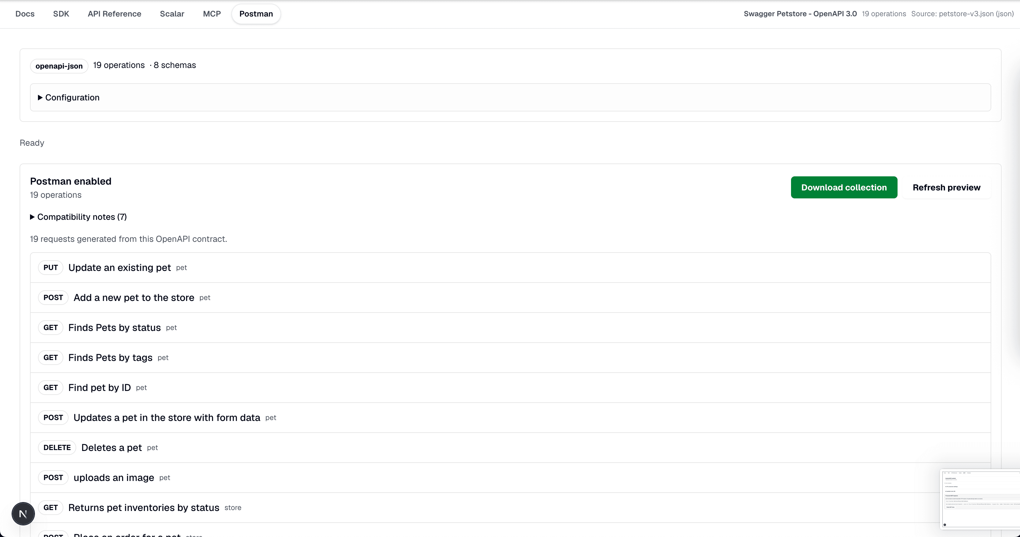 Generated Postman collection with downloadable requests and compatibility notes