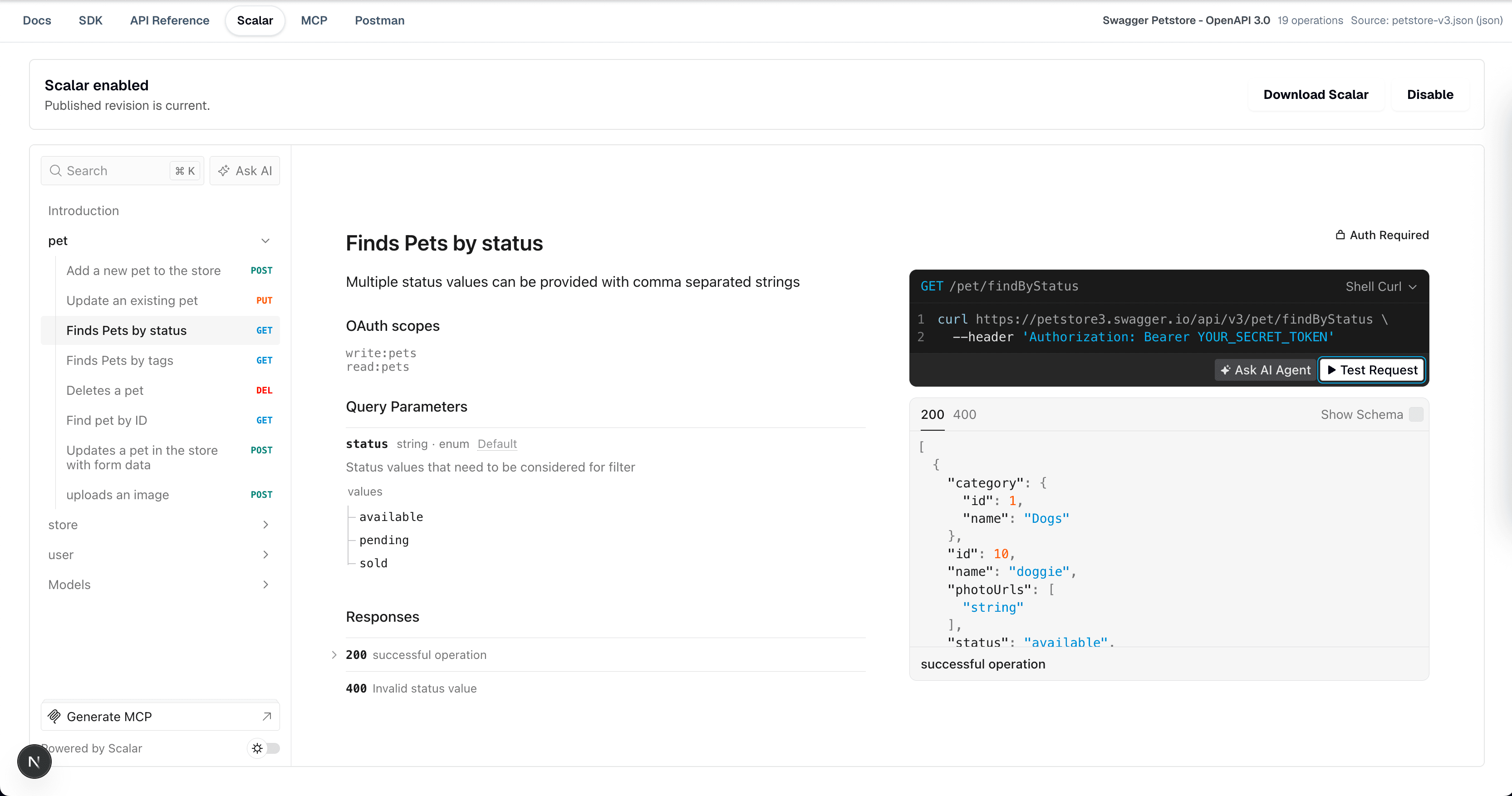 Interactive Scalar API documentation with parameters, request examples, and responses
