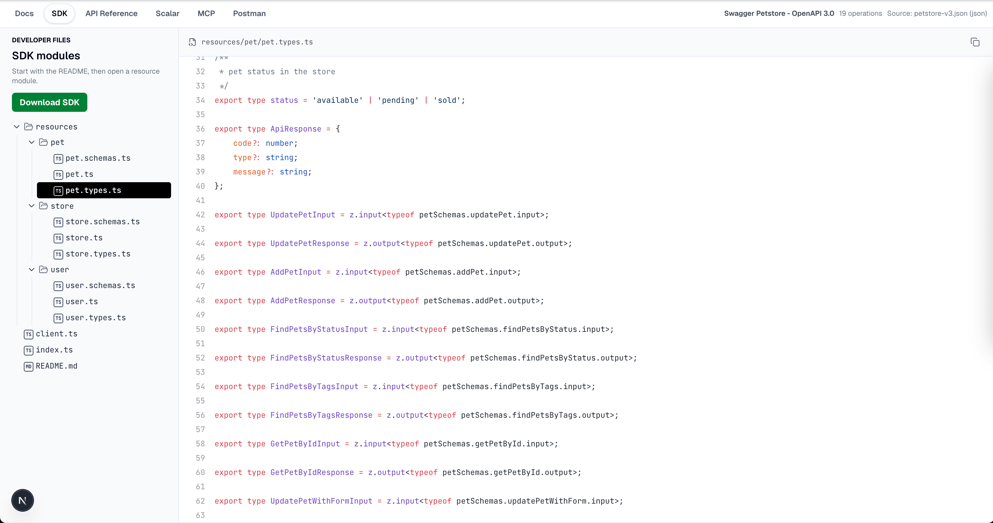 Generated TypeScript SDK modules, schemas, and typed request and response models